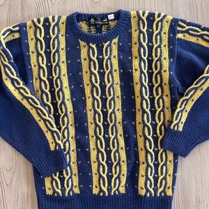 Vintage crocodile wool Coogi style crew knit sweater blue yellow contrast